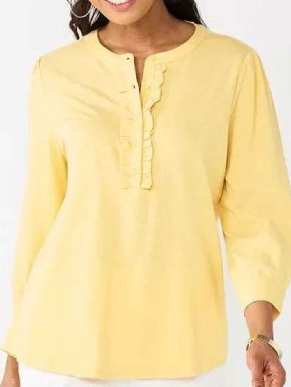 Croft & Barrow XXL $48 Yellow Cotton Blend 3/4 Sleeve Button Ruffle Henley Top